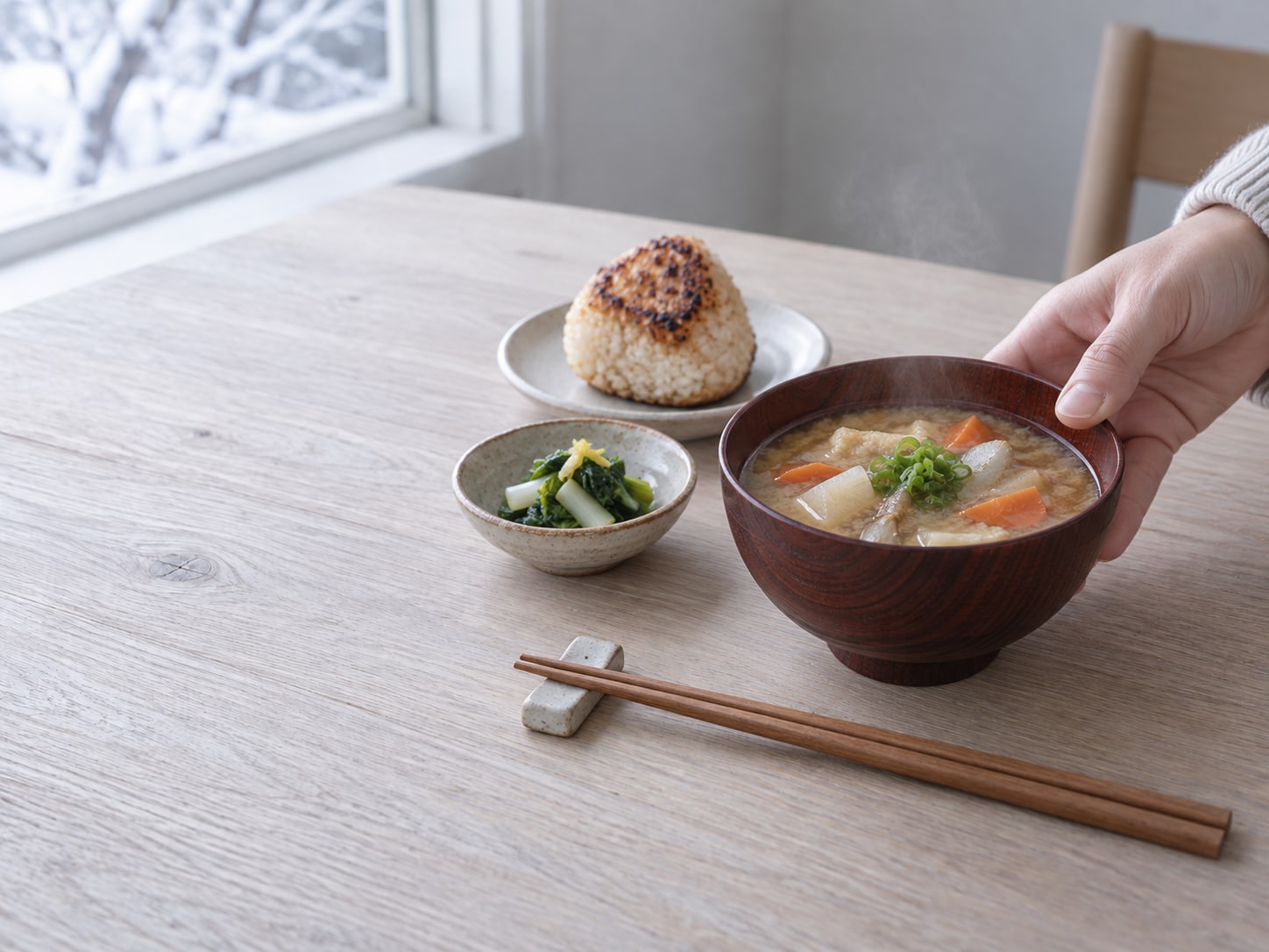 味噌汁と焼きおにぎりのある日本の朝食風景