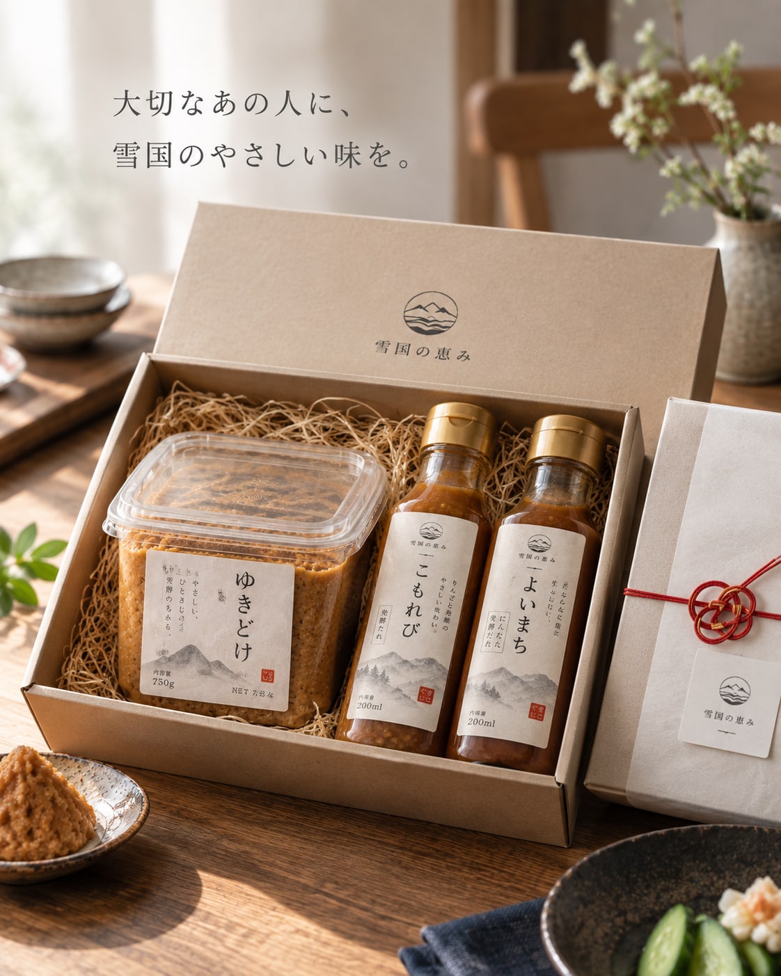 木の食卓に置かれた「雪あかり」のギフトセット