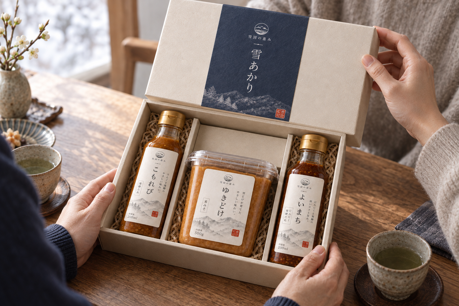 生成りの箱を開ける手元