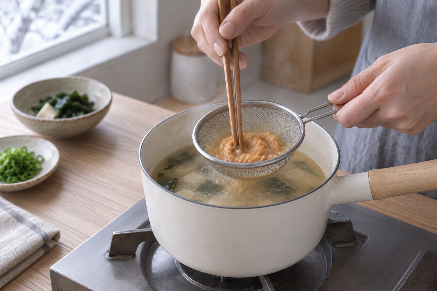 器の中で味噌を溶き、料理へ加える所作