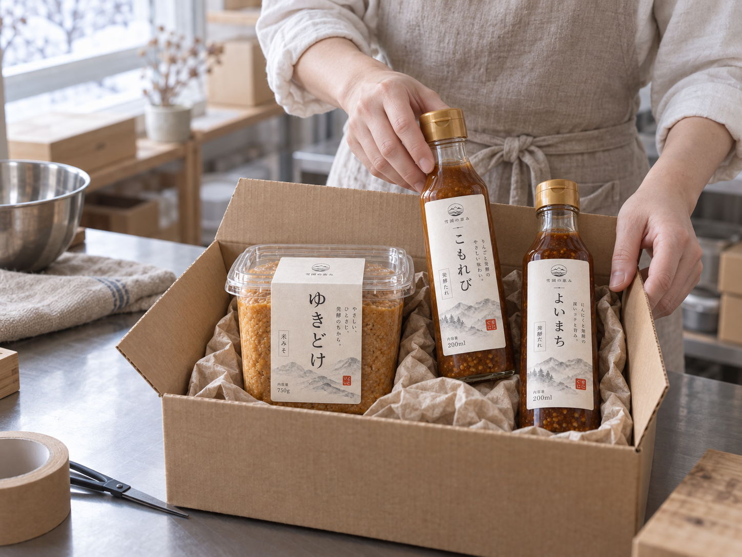 発酵調味料を検品し箱詰めする手元