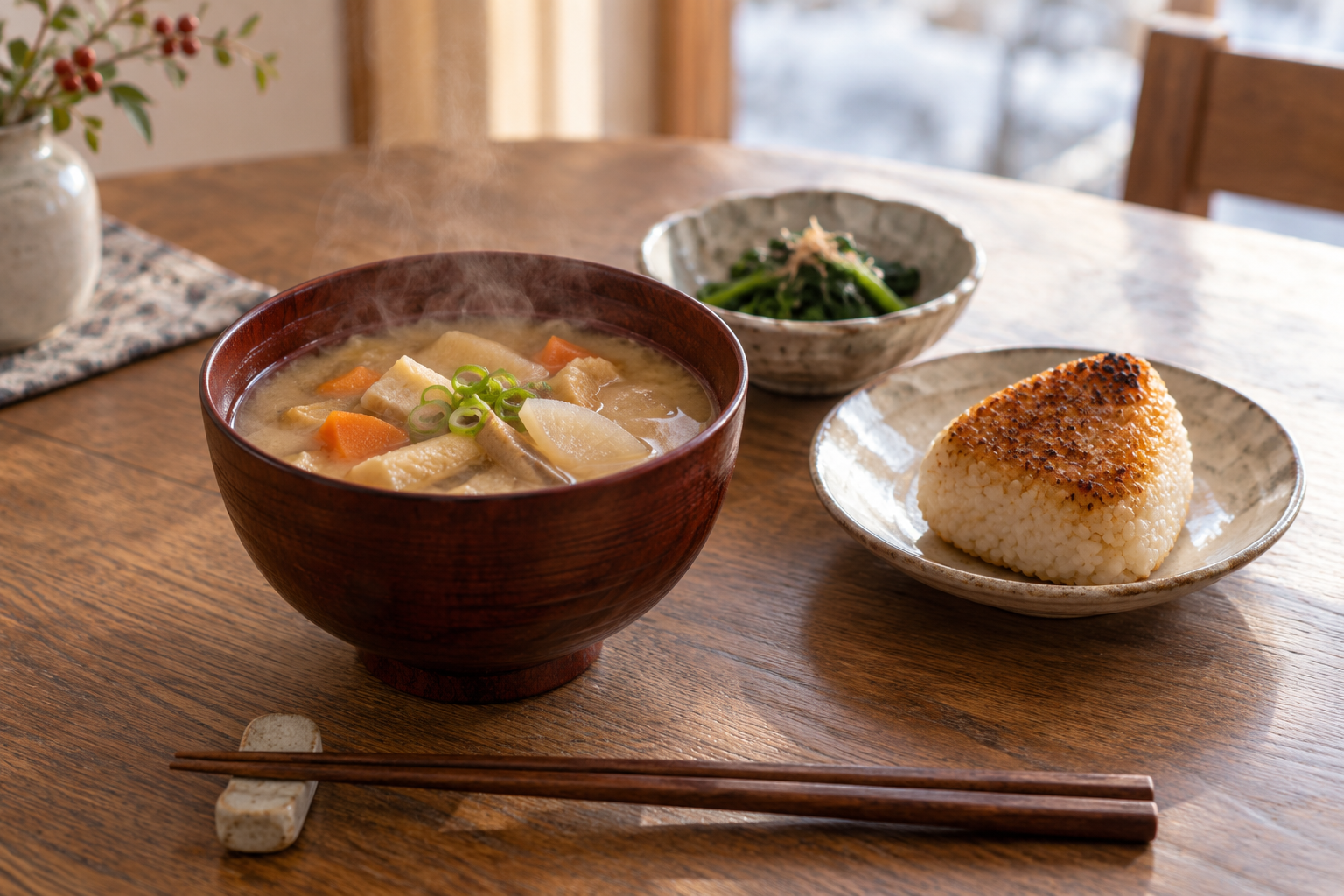 根菜の味噌汁と焼きおにぎり