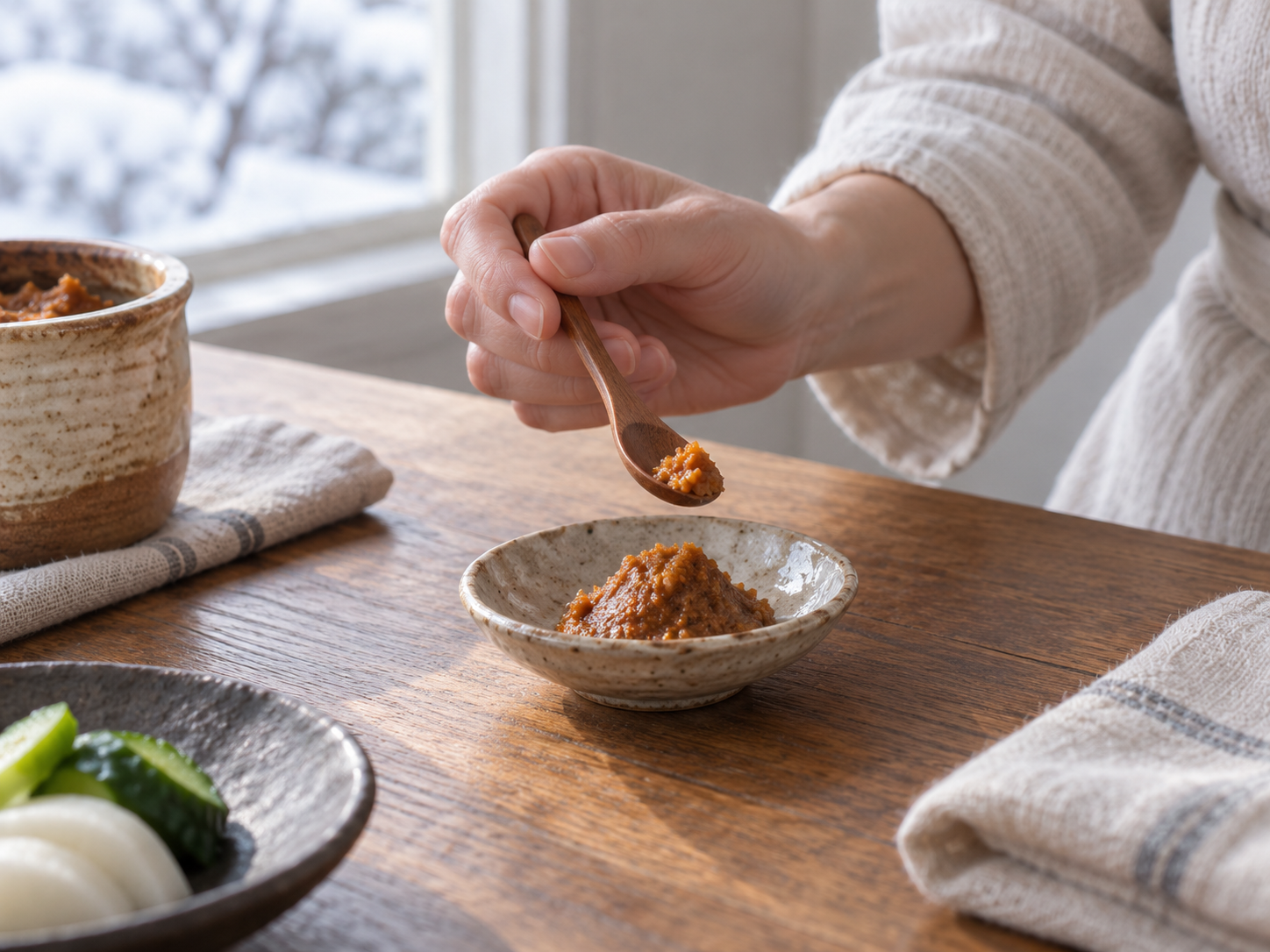 小皿に取り分けた発酵調味料を味見する手元